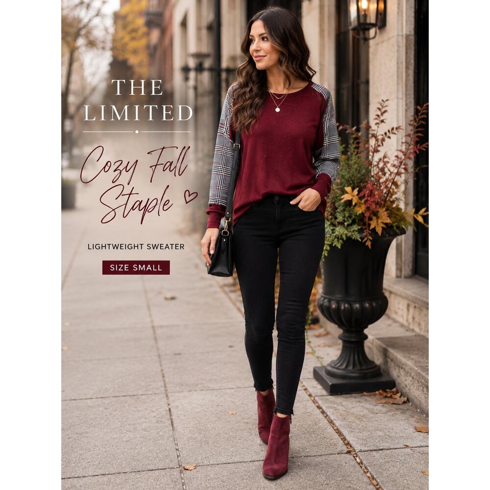 The Limited Burgundy Plaid Contrast Dolman Sleeve Lightweight Sweater Size Small